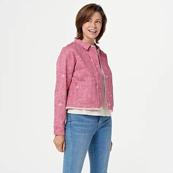 ISAAC MIZRAHI LIVE Pink Floral Denim Jacket NWOT - Picture 1 of 7